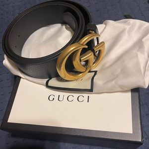 Mens Gucci Belt Brass Double G Black Leather Belt 110cm Authentic.